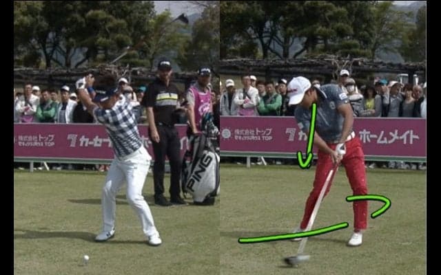 「身長が高くなくても飛ばす秘訣」 トップでクローズフェースの藤田とグリップを短く握る今平