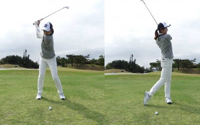大里桃子、低い球打つときはボール1個分右側に　短く持ってコンパクトスイング