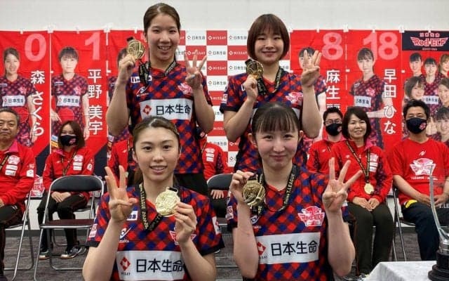 Tリーグ3連覇の日本生命、ホーム貝塚市にV報告　早田ひな「全力で頑張っていきたい」