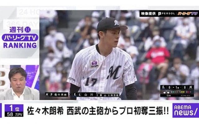 ロッテ佐々木朗希のプロ初登板が1位から3位を独占　「ABEMA バズ！パ・リーグ」ランキング