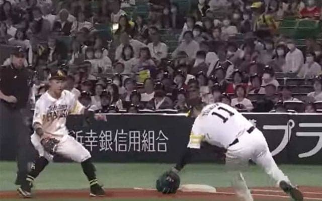 “熱々ボール”追うドタドタ走りに「寝起きで爆笑」　一塁手も驚く早業が「かわいい」