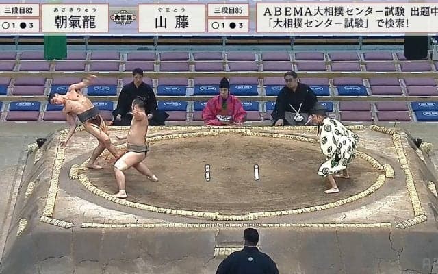 細身力士、懸命の粘りも土俵下へダイブ 館内もざわつく豪快“カエルジャンプ”でもケガなし