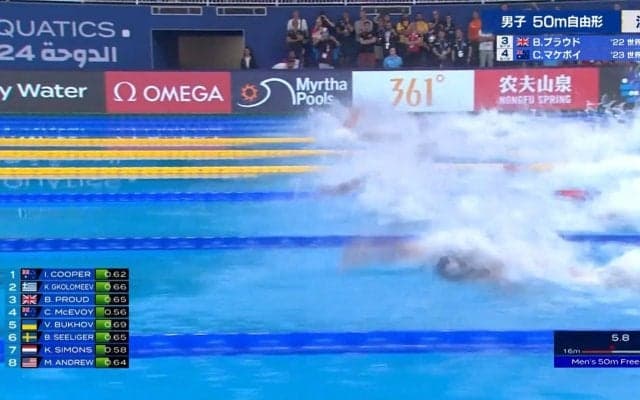 水泳でこのド迫力 最速のレース・男子50m自由形は水しぶきだらけで誰がどこにいるかわからない！