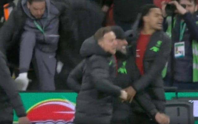 放送事故レベル！「ヤバい奴が映ってる」「怖っ…」ケガ人を突き飛ばして大爆走→ベンチ外からピッチに猛ダッシュする瞬間　負傷欠場のリバプールFWがヤバすぎる行動