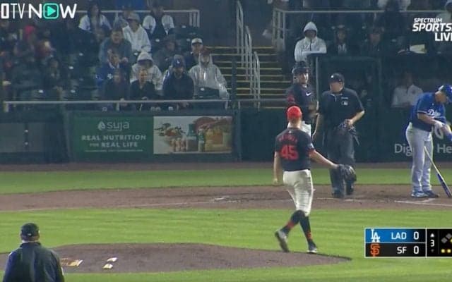 キレながら剛速球を投げる！早く中止にしろよ！ ドジャース打線をねじ伏せた“荒れ球系剛速球投手”がブチギレる瞬間　豪雨の中でも奪三振マシーンぶりを発揮