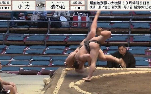 三段目の18歳小兵力士、大型力士に衝撃の投げ！ 美しさと豪快さに館内どよめき