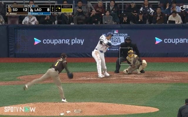 大谷翔平VS松井裕樹、日本人対決は“ほとんどホームラン”の特大飛球 球場騒然、松井は“やべっ”