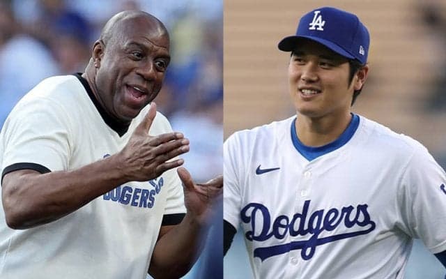 大谷翔平とマジック・ジョンソンが“伝説”ツーショット…日米スーパースターが笑顔で握手