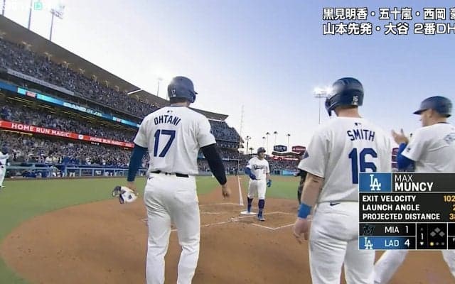 山本由伸を一瞬で強力援護！ドジャースの伏兵が放った逆転満塁弾後の光景に大反響　大谷翔平とハイタッチ、ベッツは喜び爆発「何だこのオールスターベンチ」豪華すぎる瞬間
