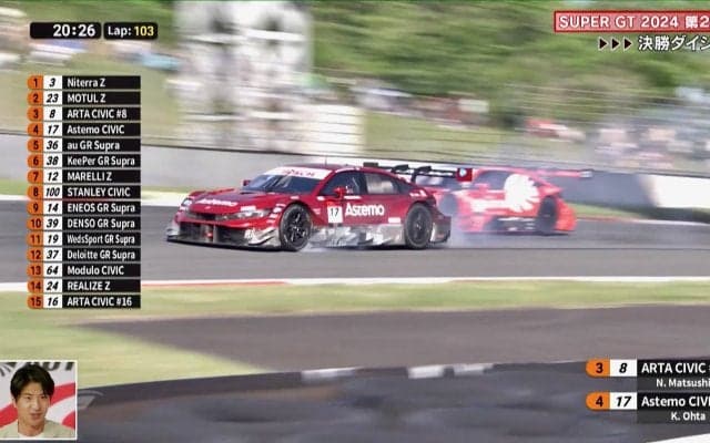 サーキット騒然！日本最速GTカーが“決死の勝負”でタイヤから白煙…　当事者レーサーの激白に「攻めすぎて何かあっても」「ホンダ同士だから」ファンもハラハラの決定的瞬間