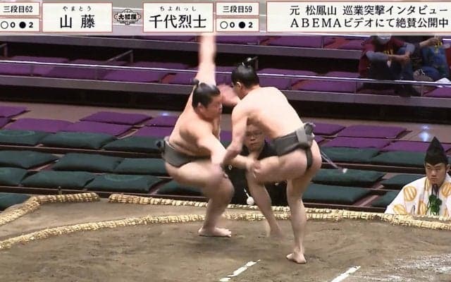 あばらが薄っすら…“細マッチョ”力士、“46キロ差”力士を一瞬の妙技でゴロン 豪快な瞬間に館内どよめき