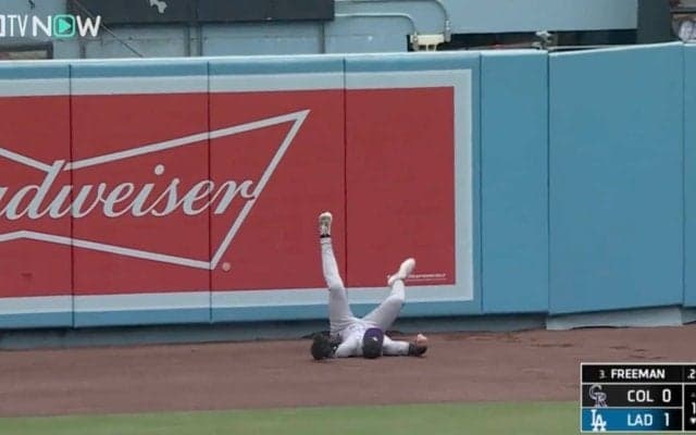 大丈夫か…？ 外野手がフェンス際でぶっ倒れた…！？ 特大アーチをキャッチしたスーパープレーから一転… 絶望リアクションが話題に「惜しすぎる」「落ち込み方ハンパないw」