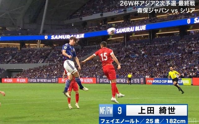 「たっっっか」衝撃の滞空時間！ 上田綺世の“打点が高すぎるヘディング弾”が脚光！「あれ決めれるんか」「タイミングとるの上手いなぁ」日本代表エースの一撃にファン歓喜