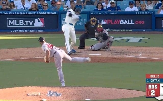 大谷翔平、スライダー狙い打ち！ 打球速度181キロ、左中間破る超高速ツーベース メジャー通算800試合で800安打到達