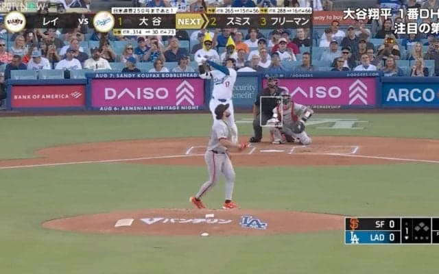 入るか、入らないか…！？ 大谷翔平、“ホームラン未遂”の大飛球　ボールが飛んできた… ブルペンの様子がおかしくなる