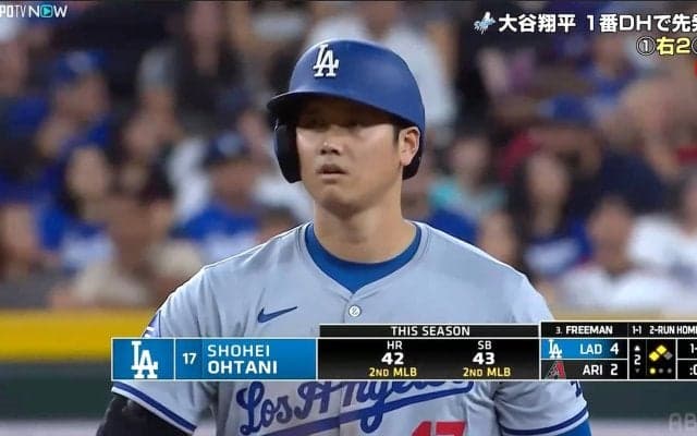 大谷翔平、史上初の43本塁打・43盗塁『43-43』に“あと1本”　2回に今季43個目の盗塁に成功