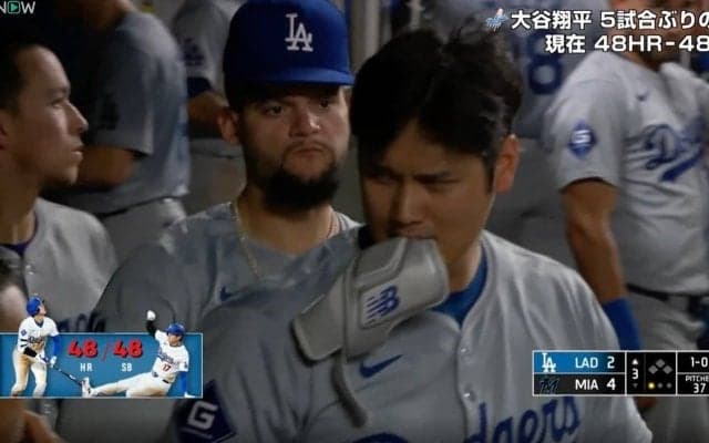 大谷翔平に「何が起きた？」“衝撃の姿”に注目　ベンチで見せたリアクションに「これは…」「デコピン？」