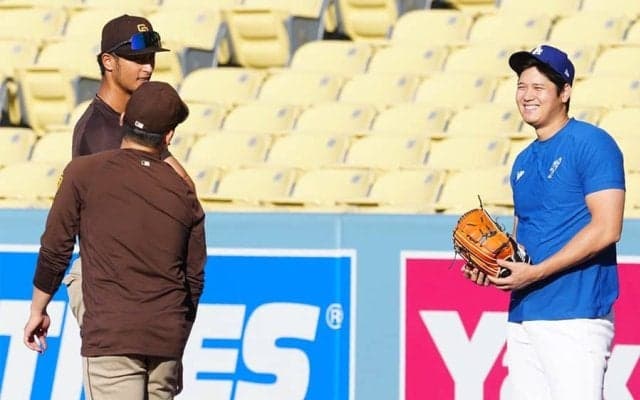 大谷翔平、ダルビッシュ＆松井裕樹と15分間の談笑　挨拶→記念撮影…首位攻防3連戦直前