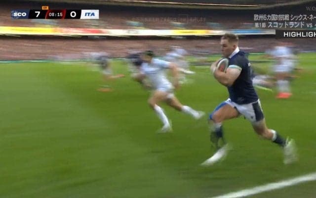 スコットランドに“ライン際の魔術師”がいた！スパイク1足分ぎりぎりを激走＆トライ演出にスタジアム興奮