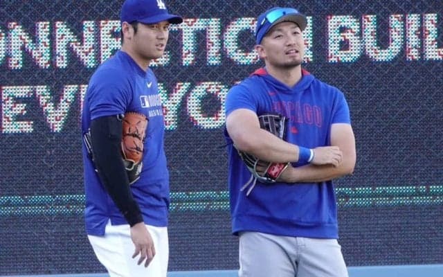 大谷翔平、鈴木誠也と談笑　“釣り竿ポーズ”で招集…東京開幕以来の対戦