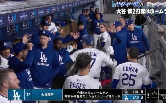 めっちゃ嬉しそう！ 大谷翔平、“予想外の動き”「新ポーズ？」「あれなんだ」豪快アーチ直後にベンチではしゃぎまくる