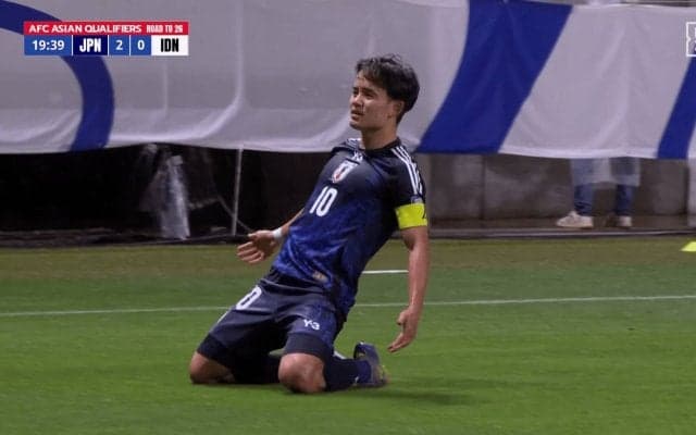 「やっぱ天才！」久保建英、“超絶ダブルタッチ”から芸術的ゴラッソ！「リアルキャプテン翼やな」「うますぎ」10番＆主将のインドネシア戦で輝き