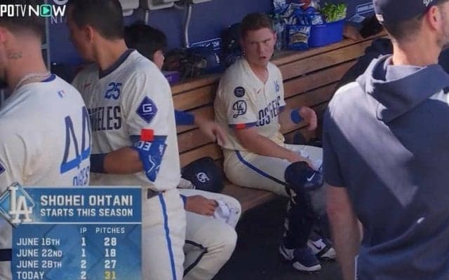 ベンチで何が…？ 大谷翔平のボールで“異変”「痛えよ！」「ヤバいなw」ド軍捕手が一瞬見せた“表情”が話題に「大谷さんすげえな…」