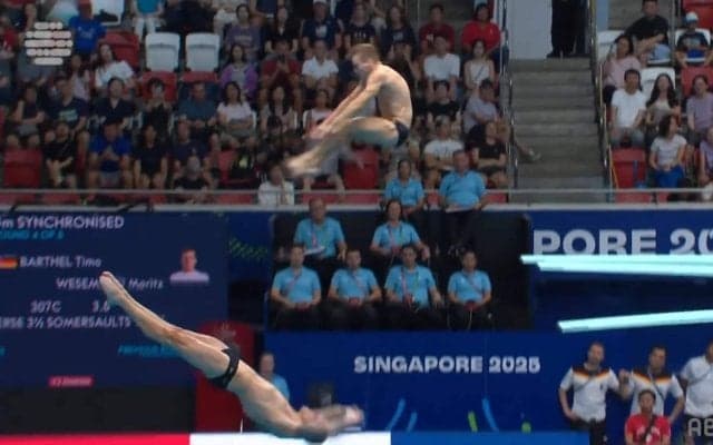 「0点です…」と解説者 飛込競技でドイツペアが痛恨の大失敗演技で虚しく響く入水音…会場内はシーン