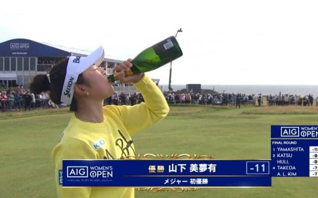 【動画】山下美夢有、最終ホールで仲間からシャンパンを浴びて笑顔　メジャーVに実況・岡本綾子さん「やったー！」