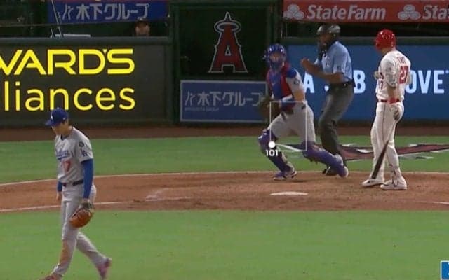 どうした…？ 大谷翔平の投球に“イライラ”「これは悔しい」162キロ剛速球を“ズバン”→トラウトの様子がおかしくなる「ここは手が出ない」