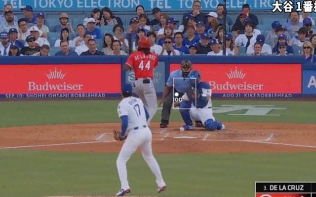 捕手が捕れない！？ 大谷翔平の剛速球で“異変”「すげえ…」160キロ“内角ズバン”→打者の体勢がおかしくなる「エグいな」