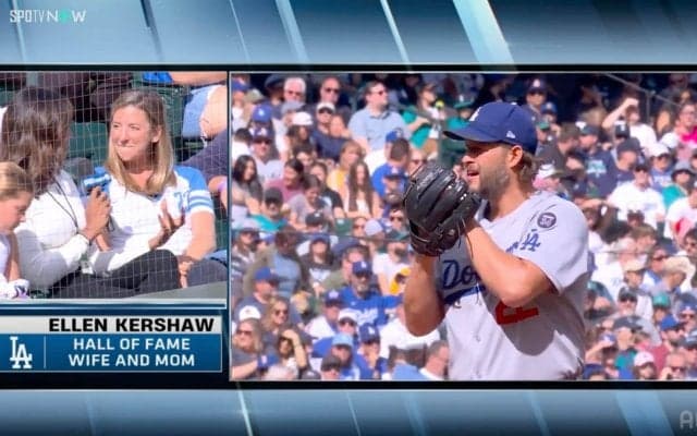 カーショー、シーズン最終登板で“メモリアルな瞬間” 「彼の妻エレンがマイクで祝福しました」取材中に奪三振…捉えた光景に「最高の夫婦」