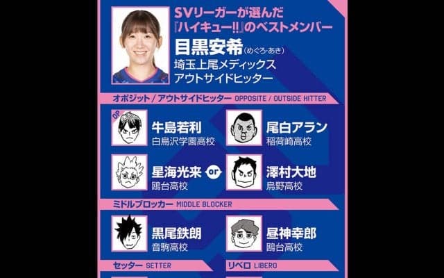 【ハイキュー‼×SVリーグ】埼玉上尾・目黒安希のベストメンバーは星海光来、澤村大地を使い分け　田中龍之介の名言に共感