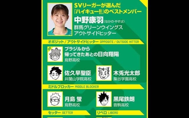 【ハイキュー‼×SVリーグ】 群馬の中野康羽が選ぶ『ハイキュー‼』ベストメンバーとは？　一番好きなシーンは、成長した日向翔陽のディグ