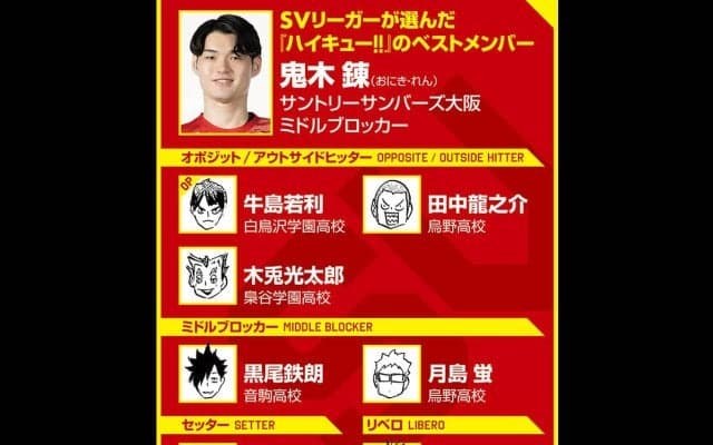 【ハイキュー‼×SVリーグ】サントリー鬼木錬が選ぶ『ハイキュー‼』ベストメンバー　自分と同じミドルでは音駒のクロに共感