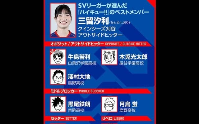 【ハイキュー‼×SVリーグ】クインシーズ刈谷の三留汐利は日向翔陽の名言に「鳥肌」　ベストメンバーの７人は？