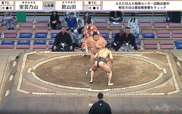 すごい筋肉…“細マッチョ”力士、114キロ差の超巨漢を逆転で撃破 館内騒然