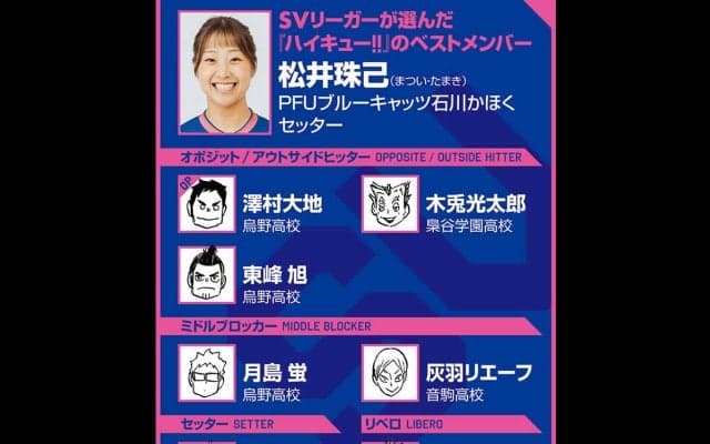 【ハイキュー‼×SVリーグ】石川かほくの松井珠己が選ぶ『ハイキュー‼』ベストメンバー　セッターを影山飛雄ではなく菅原孝支にした理由は？