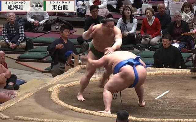 「ちょんまげ姿で大相撲を観戦されてる」土俵下の砂かぶりに“ひと際目を引く”人物が鎮座 力士飛び込む“ひやり”の一コマにファン注目