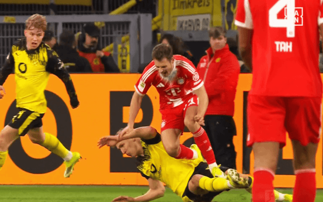 「Jリーグなら退場かも…」超危険な“足裏タックル”で足首ぐにゃり…ドイツ伝統の一戦で物議ジャッジ「危なすぎる」「これでイエロー？」