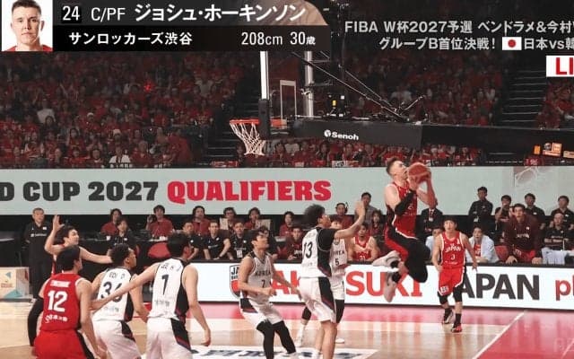 【バスケ日韓戦】「なんだ今の！？」“奇跡のボード裏リバウンド→背面パス”にSNS騒然「ホーキンソン神すぎる」「何度も流したいハイライト」