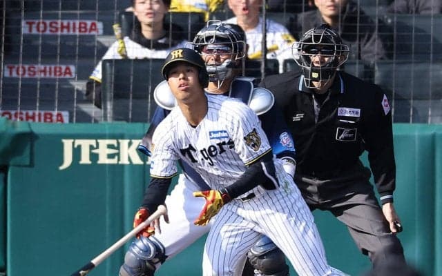 【阪神】生き残りへ必死のパッチ　ドラ３岡城快生２点三塁打にド迫力ヘッド　走攻守で持ち味発揮