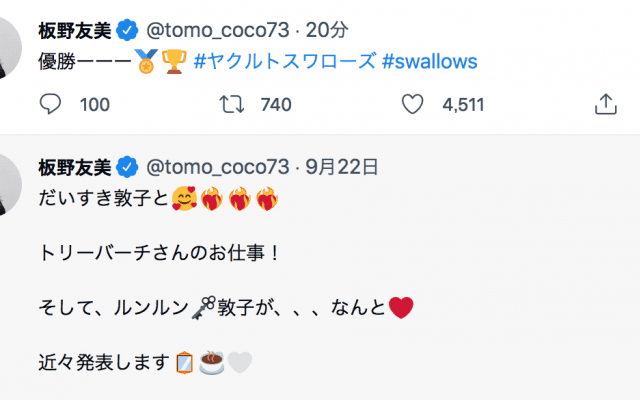 🌈板野友美、Twitterに祝福殺到❣️「優勝ーーー #ヤクルトスワローズ #swallows」