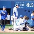 DeNA石上が頭部死球で倒れ込む→途中交代　ハヤテ大石が危険球退場、場内騒然