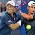  錦織圭と島袋将 試合会場で練習 