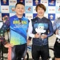 【ボート】宮島Ｇ３に広島競輪ブース　大川龍二、伊藤涼介、三登誉哲の選手３人とぴーすけがお出迎え