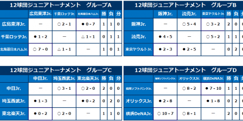 12球団ジュニアトーナメント グループリーグ勝敗表