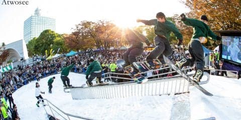 東京渋谷に特設ゲレンデ！オリンピック選手たちが圧巻のスノーボードパフォーマンス