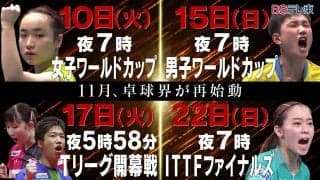 11月卓球界が再始動！BSテレ東4大会連続中継！男女ワールドカップ・Tリーグ開幕戦・ファイナルズ