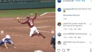 米女子ソフト選手、ダイナミックな“空中タッチ”が230万再生「信じられない運動神経」